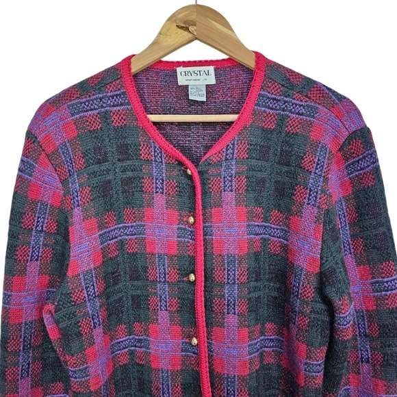 Vintage 90s Grandmacore Boiled Wool Sweater Cardigan Sz Large Red Green Holidays - Picture 5 of 12